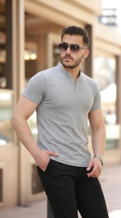 Erkek Hakim Yaka Dokuma Pamuklu Kumaş Kısa Kollu T-shirt