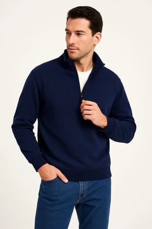 Erkek Dik Yaka Sweatshirt Dik Yaka Yarım Fermuarlı 3 İplik Şardonlu Pamuk Kumaş - Lacivert