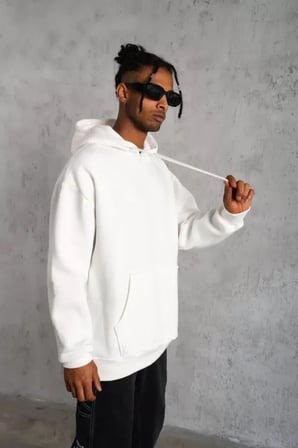 Erkek Düz Kapüşonlu Sweat - Beyaz