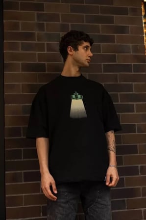 Unisex Bisiklet Yaka Baskılı Oversize T-shirt - Siyah