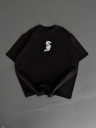 Baskılı Oversize Bisiklet Yaka T-shirt - Siyah