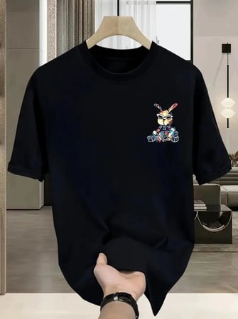 Baskılı Oversize Bisiklet Yaka T-shirt - Siyah