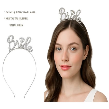 Gümüş Renkli Taşlı “Bride” Gelin Tacı – El Yazısı Yazı Tipiyle