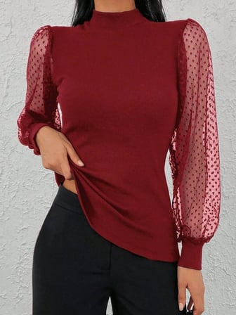 Kadınkolu Tül Detaylı Yarım Balıkçı Kaşkorse Bluz