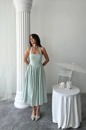 Mint Boyundan Bağlamalı Keten Elbise