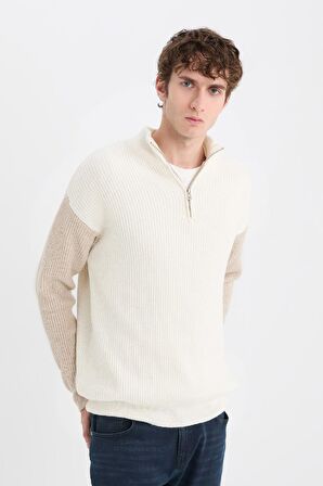 DeFacto Relax Fit Renk Bloklu Dik Yaka Yarım Fermuarlı Triko Kazak Y0623AZ24AUBG695