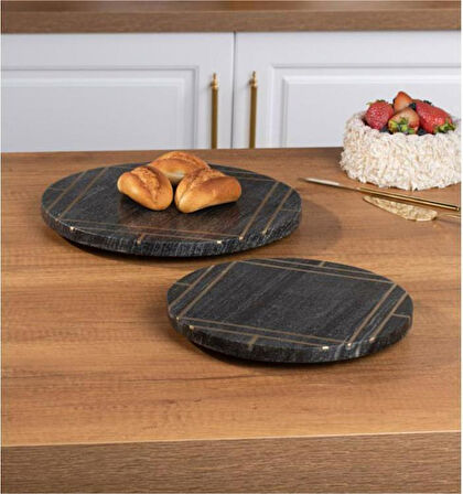 SİYAH RENK 2Lİ YUVARLAK MERMER SUNUMLUK SETİ 25 CM & 30 CM