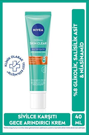 Nivea Derma Skin Clear Exfoliator Gece Arındırıcı Krem 40ml, Sivilce Karşıtı, Niasinamid, Yağlı Ciltler