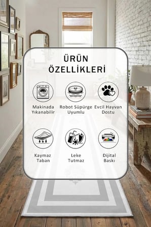 Yıkanabilir Kaymaz Black Punto Byz Açik Gri Dijital Baskılı Yolluk Halı Tüy Tutmaz Gri