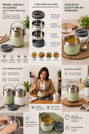 1.5 Lt 2'li Paslanmaz Çelik Sızdırmaz Termos Yemek Taşıma Kabı / Sefer Tası Beslenme Kutusu