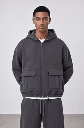 Erkek Cep Detaylı Panda Oversize Zip Füme