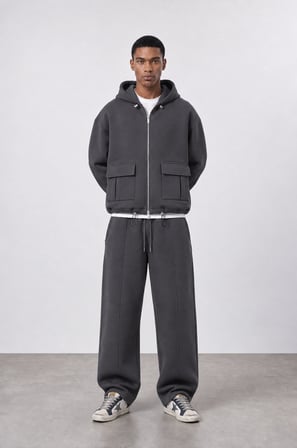 Erkek Cep Detaylı Panda Oversize Zip Füme