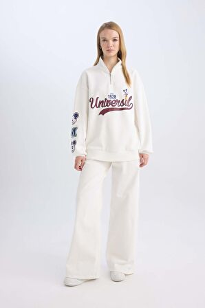 DeFacto Coool Disney Mickey & Minnie Oversize Fit Yarım Fermuarlı Baskılı Kalın Kumaş Sweatshirt D5958AX24WNWT32
