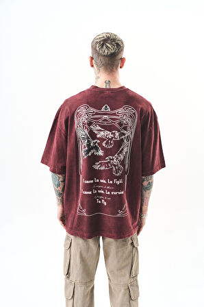 Erkek To Fly Baskılı Yıkamalı Oversize T-Shirt Bordo