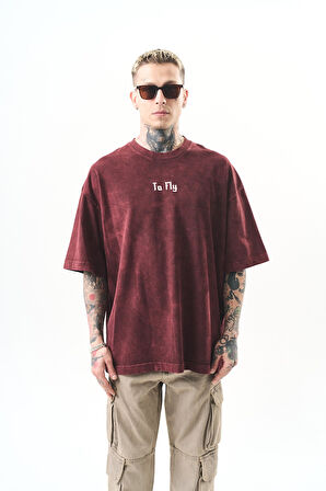 Erkek To Fly Baskılı Yıkamalı Oversize T-Shirt Bordo