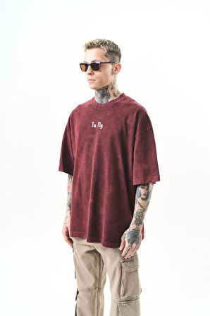 Erkek To Fly Baskılı Yıkamalı Oversize T-Shirt Bordo