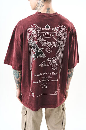 Erkek To Fly Baskılı Yıkamalı Oversize T-Shirt Bordo