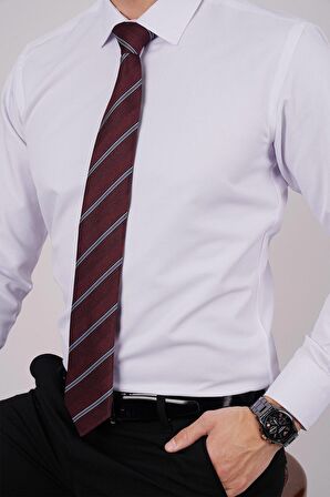 Gömlek Kravat Seti (Bordo Çizgili Kravat & Beyaz Saten Slimfit Gömlek)