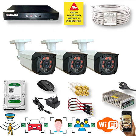 3 Kameralı Set - Araç İnsan Yüz Tanımalı Hareket Algilayan 1080P Gece Görüşlü 5MP Sony Lens Güvenlik Kamerasi Seti 7808-1