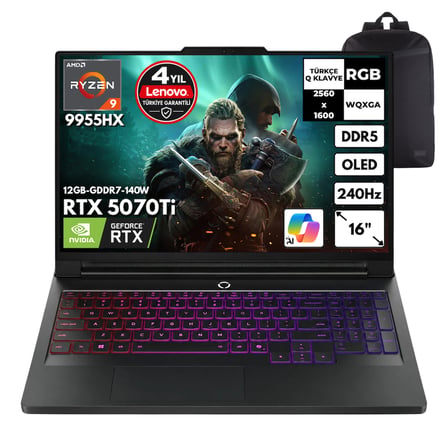 Lenovo Legion Pro7 16AFR10H Ryzen 9-9955HX 64-GBDDR5 4 TBSSD RTX5070Ti (12 GB-GDDR7-140W) 16" WQXGA OLED 240Hz Windows 11 Pro + HMF Sırt Çantası 83RU0024TRHMF22