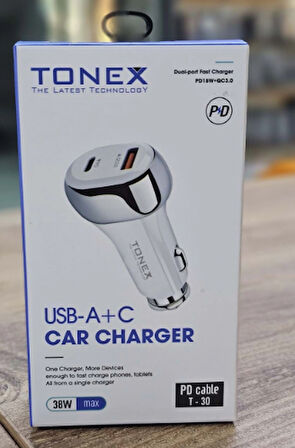 tonex t-30 type-c-to  usb-a-38w kablolu  arac sarji
