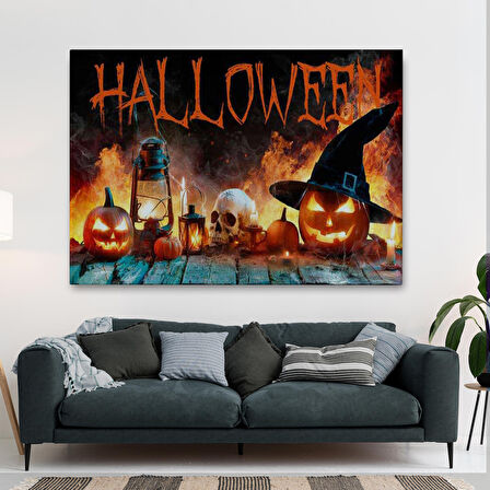 İskelet Kafa ve Oymalı Kabaklar Cadılar Bayramı Dekoratif Duvar Tablosu-5198