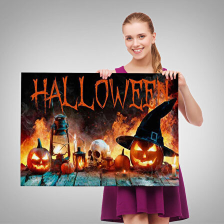 İskelet Kafa ve Oymalı Kabaklar Cadılar Bayramı Dekoratif Duvar Tablosu-5198