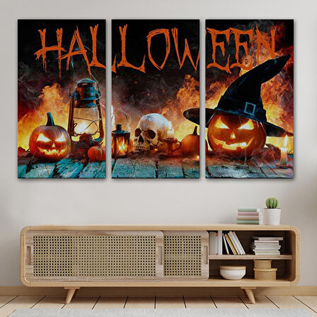 İskelet Kafa ve Oymalı Kabaklar Cadılar Bayramı Dekoratif Duvar Tablosu-5198