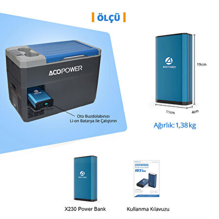 Acopoer X230 14.8Volt 13Amper Li-ion Yedek Buzdolabı Aküsü + Powerbank + LED Lamba