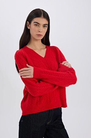 DeFacto Relax Fit V Yaka Saç Örgülü Triko Kırmızı Kazak C9060AX24WNRD56