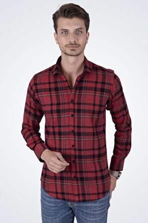 Kırmızı Mavi Çizgili Slimfit Oduncu Gömlek