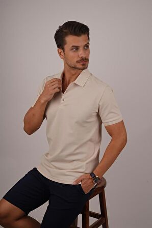 Bej Yaka Desenli Erkek Polo Tişört