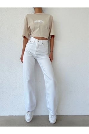 Julia 90's Beyaz Likrasız Süper Yüksek Bel Salaş Jeans Palazzo Pantolon(Tam kalıptır)