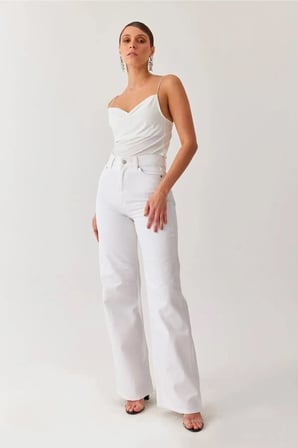 Julia 90's Beyaz Likrasız Süper Yüksek Bel Salaş Jeans Palazzo Pantolon(Tam kalıptır)