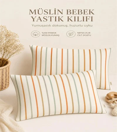 More Home Müslin Bebek Yastık Kılıfı  2 Adet  35X45  Çizgi  Desenli