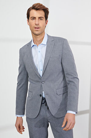 Erkek Gri Slim Fit Dar Kesim Mono Yaka Gofre Desenli Takım Elbise