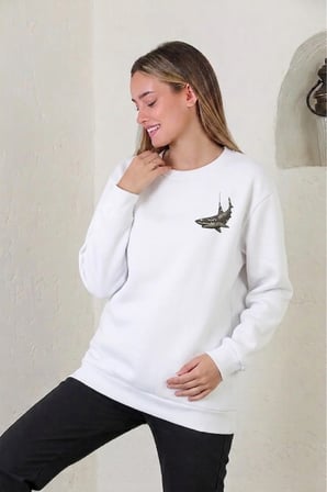 Unisex Köpek Balığı Baskılı Bisiklet Yaka Sweatshirt