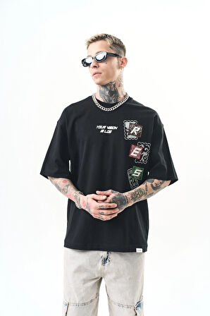 Erkek Low Vision Nakışlı Oversize T-Shirt Siyah