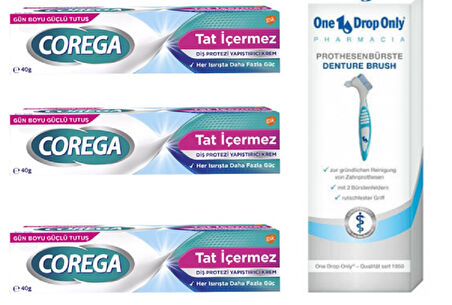 Corega Süper Krem Yapiştirici Tat İçermez 40Gr 3 ADET + One Drop Pharmacıa Protez Temizleme Fırçası