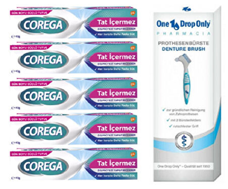 Corega Süper Krem Yapiştirici Tat İçermez 40Gr 5 ADET + One Drop Pharmacıa Protez Temizleme Fırçası