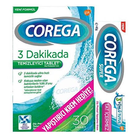 Corega Tat İçermez Yapıştırıcı Krem 40 gr + Corega Temizleyici Tablet 30'lu Hediye