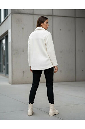 Kadın Slimfit Peluş, Polar, Düğmeli, Gömlek Yaka ve Cepli, Sıcak Tutucu Yumuşak Kışlık Ceket