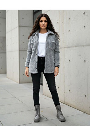 Kadın Slimfit Peluş, Polar, Düğmeli, Gömlek Yaka ve Cepli, Sıcak Tutucu Yumuşak Kışlık Ceket