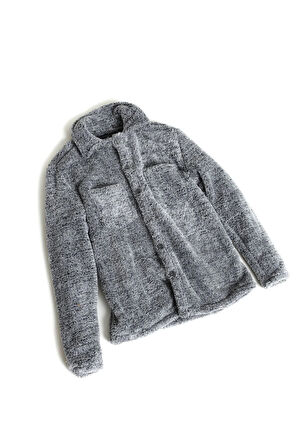 Kadın Slimfit Peluş, Polar, Düğmeli, Gömlek Yaka ve Cepli, Sıcak Tutucu Yumuşak Kışlık Ceket