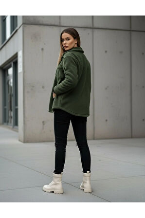 Kadın Slimfit Peluş, Polar, Düğmeli, Gömlek Yaka ve Cepli, Sıcak Tutucu Yumuşak Kışlık Ceket