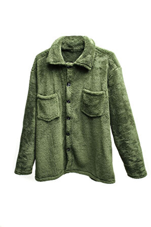 Kadın Slimfit Peluş, Polar, Düğmeli, Gömlek Yaka ve Cepli, Sıcak Tutucu Yumuşak Kışlık Ceket