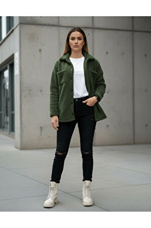 Kadın Slimfit Peluş, Polar, Düğmeli, Gömlek Yaka ve Cepli, Sıcak Tutucu Yumuşak Kışlık Ceket