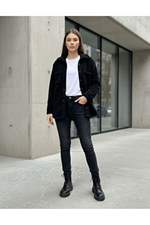 Kadın Slimfit Peluş, Polar, Düğmeli, Gömlek Yaka ve Cepli, Sıcak Tutucu Yumuşak Kışlık Ceket