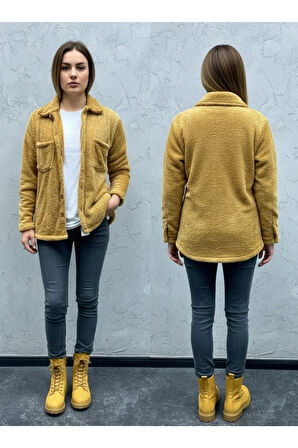 Kadın Slimfit Peluş, Polar, Düğmeli, Gömlek Yaka ve Cepli, Sıcak Tutucu Yumuşak Kışlık Ceket