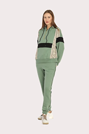 Kadın Yeşil 3 İplik Fermuarlı Kapüşonlu Pul Payet İşlemeli Paçası Lastikli Eşofman Takımı - 5203
